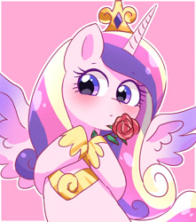 Size: 3000x3400 | Tagged: safe, artist:leo19969525, derpibooru import, princess cadance, alicorn, pony, blushing, crown, female, flower, horn, jewelry, mane, mare, pink background, purple eyes, regalia, rose, simple background, solo, spread wings, wings