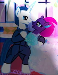 Size: 700x900 | Tagged: safe, artist:decokenite, artist:personarescuerescape, derpibooru import, chancellor neighsay, fizzlepop berrytwist, tempest shadow, pony, unicorn, base used, canterlot, canterlot castle, clothes, dancing, dress, female, gala, gala dress, male, mare, shipping, stallion, straight, suit, tempest neighsay, tuxedo