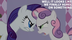 Size: 1280x720 | Tagged: safe, derpibooru import, edit, edited screencap, editor:quoterific, screencap, rarity, sweetie belle, pony, unicorn, season 2, sisterhooves social, carousel boutique, duo, female, filly, foal, mare, open mouth, text