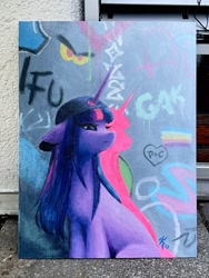 Size: 1536x2048 | Tagged: safe, artist:katputze, derpibooru import, twilight sparkle, unicorn twilight, pony, unicorn, backwards ballcap, baseball cap, cap, female, graffiti, hat, mare, painting, solo, traditional art