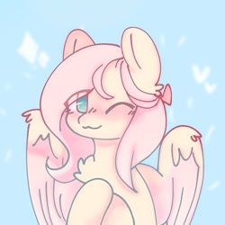 Size: 1280x1280 | Tagged: safe, artist:tofucupid, derpibooru import, fluttershy, pegasus, pony, :3, blushing, chest fluff, cute, daaaaaaaaaaaw, looking at you, one eye closed, shyabetes, smiling, smiling at you, solo, spread wings, wings, wink, winking at you