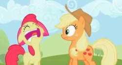 Size: 480x257 | Tagged: safe, derpibooru import, screencap, apple bloom, applejack, earth pony, pony, season 2, sisterhooves social, apple, applejack's hat, bow, burp, clothes, cloud, cowboy hat, duo, eyes closed, female, filly, foal, food, hair bow, hat, mare, open mouth, shocked, shrunken pupils, sky, sweet apple acres, tree, uncouth, youtube link