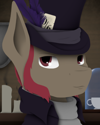 Size: 1080x1350 | Tagged: safe, artist:tiviyl, derpibooru import, oc, pony, candle, clothes, cup, feather, hat, muttonchops, numbers, shield, solo, teacup, top hat