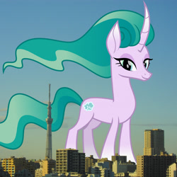 Size: 2048x2048 | Tagged: safe, artist:cheezedoodle96, artist:thegiantponyfan, derpibooru import, edit, mistmane, pony, unicorn, curved horn, female, giant pony, giant unicorn, giantess, high res, highrise ponies, horn, irl, japan, looking at you, macro, mare, mega giant, photo, ponies in real life, smiling, solo, story included, tokyo