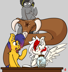 Size: 2650x2800 | Tagged: safe, artist:awya, artist:doomfister, derpibooru import, oc, oc:awya lightfeather, oc:bug-zapper, oc:line art, earth pony, pegasus, pony, worm, blushing, female, imminent vore, mare, story in the source