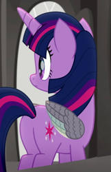 Size: 428x659 | Tagged: safe, derpibooru import, screencap, twilight sparkle, twilight sparkle (alicorn), alicorn, rainbow roadtrip, butt, cropped, plot, solo, twibutt, wing bling, wings