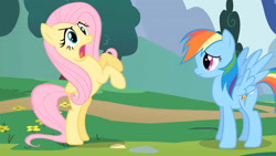 Size: 3410x1920 | Tagged: safe, derpibooru import, screencap, fluttershy, rainbow dash, pegasus, pony, season 1, sonic rainboom (episode), bipedal, duo, female, high res, mare, open mouth, spread wings, wings