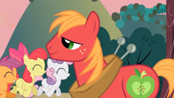 Size: 3410x1920 | Tagged: safe, derpibooru import, screencap, apple bloom, big macintosh, scootaloo, sweetie belle, earth pony, pegasus, pony, unicorn, hearts and hooves day (episode), season 2, ^^, adorabloom, apple bloom's bow, bow, cute, cutealoo, cutie mark crusaders, diasweetes, eyes closed, female, filly, foal, hair bow, high res, male, smiling, solo focus, stallion