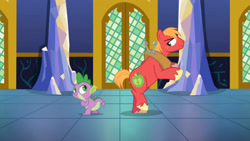 Size: 3410x1920 | Tagged: safe, derpibooru import, screencap, big macintosh, spike, dragon, earth pony, pony, dungeons and discords, season 6, bipedal, duo, duo male, high res, looking at each other, male, smiling, smiling at each other, stallion, twilight's castle