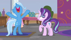 Size: 3410x1920 | Tagged: safe, derpibooru import, screencap, starlight glimmer, trixie, pony, unicorn, a horse shoe-in, season 9, spoiler:s09, bipedal, duo, female, high res, mare, nose in the air, open mouth, open smile, school of friendship, smiling, volumetric mouth