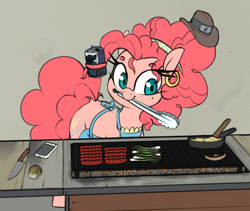 Size: 834x705 | Tagged: safe, artist:lockheart, derpibooru import, pinkie pie, earth pony, pony, apron, clothes, cooking, ear piercing, earring, eating, female, food, frying pan, grill, hat, headband, jewelry, knife, latina pinkie pie, leek, mane hold, mare, meat, meme, mouth hold, phone, piercing, pliers, ponies eating meat, ponified, ponified meme, sausage, soda, solo