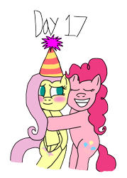 Size: 2000x2793 | Tagged: safe, artist:ktd1993, derpibooru import, fluttershy, pinkie pie, blushing, female, flutterpie, hat, lesbian, party hat, shipping, simple background, transparent background