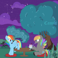 Size: 5000x5000 | Tagged: safe, artist:zakypo, derpibooru import, rainbow dash, oc, oc:dark rainbow, pegasus, pony, ;p, blushing, canon x oc, cloud, commission, constellation, darsh, female, food, ice cream, male, mare, night, one eye closed, pegasus oc, shipping, smiling, stallion, table, teasing, tongue, tongue out, tree, ych result