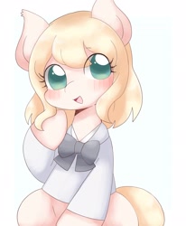 Size: 1690x2048 | Tagged: safe, artist:ginmaruxx, artist:kuzuyukuro, derpibooru import, oc, oc only, earth pony, pony, bipedal, blushing, bowtie, clothes, cute, eye clipping through hair, female, hatless, looking at you, mare, missing accessory, ocbetes, open mouth, raised hoof, raised leg, simple background, solo, white background
