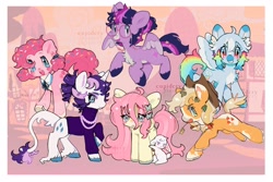 Size: 2048x1365 | Tagged: safe, artist:cupldcry, derpibooru import, angel bunny, applejack, fluttershy, pinkie pie, rainbow dash, rarity, twilight sparkle, twilight sparkle (alicorn), alicorn, earth pony, pegasus, pony, rabbit, unicorn, alternate hairstyle, animal, applejack's hat, clothes, coat markings, cowboy hat, female, glasses, hat, horn, jewelry, leonine tail, looking at you, mane six, mare, necklace, open mouth, pale belly, pearl necklace, raised hoof, raised leg, redesign, simple background, straw in mouth, sweater, tail, turtleneck, white background, wings