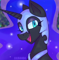 Size: 1902x1959 | Tagged: safe, artist:lilix4404, derpibooru import, nightmare moon, alicorn, pony, blue eyes, blue mane, colored pupils, cute, digital art, ethereal mane, eyelashes, female, flowing mane, helmet, horn, lidded eyes, looking at you, mare, nicemare moon, open mouth, open smile, peytral, signature, smiling, smiling at you, solo, starry mane, teeth, watermark