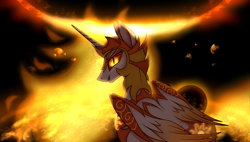 Size: 3700x2100 | Tagged: safe, artist:ladyluna2, derpibooru import, daybreaker, alicorn, pony, armor, crown, digital art, evil grin, feather, female, fire, flowing mane, folded wings, glowing, glowing eyes, golden eyes, grin, horn, jewelry, looking back, mane of fire, mare, regalia, smiling, solo, sun, tail, tail of fire, teeth, wing armor, wings