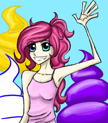 Size: 3050x3494 | Tagged: safe, artist:tao-mell, derpibooru import, pinkie pie, human, bare shoulders, clothes, female, humanized, sleeveless, smiling, solo, waving