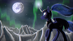 Size: 4000x2250 | Tagged: safe, artist:enteryourponyname, derpibooru import, princess luna, alicorn, pony, armor, ear fluff, ears, ethereal mane, full moon, glowing, glowing horn, helmet, hoof shoes, horn, magic, mare in the moon, moon, mountain, night, snow, spread wings, starry mane, starry night, wings