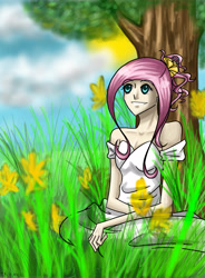 Size: 3162x4287 | Tagged: safe, artist:tao-mell, derpibooru import, fluttershy, human, clothes, commission, female, grass, humanized, solo, tree