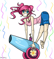 Size: 3426x3738 | Tagged: safe, artist:tao-mell, derpibooru import, pinkie pie, human, bare shoulders, barefoot, feet, female, grin, humanized, party cannon, simple background, sleeveless, smiling, solo, white background