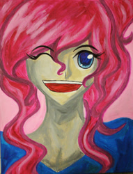 Size: 1968x2576 | Tagged: safe, artist:tao-mell, derpibooru import, pinkie pie, human, bust, canvas, female, humanized, one eye closed, open mouth, smiling, solo, traditional art, wink