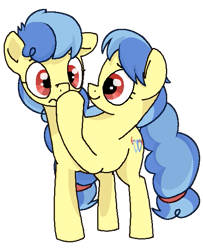 Size: 499x615 | Tagged: safe, artist:kleyime, derpibooru import, oc, oc only, oc:eeny meeny, oc:miney moe, earth pony, pony, boop, conjoined, conjoined twins, duo, earth pony oc, female, identical twins, looking at someone, multiple heads, siblings, simple background, sisters, transparent background, twin sisters, twins, two heads