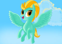 Size: 2048x1444 | Tagged: safe, derpibooru import, lightning dust, pegasus, cute, female, flying, happy, mare, open mouth, open smile, simple background, sky, smiling, solo, spread wings, wings