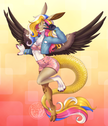 Size: 3698x4312 | Tagged: safe, alternate version, artist:askbubblelee, derpibooru import, oc, oc only, oc:silly string, anthro, draconequus, anthro oc, chest fluff, clothes, draconequus oc, female, jacket, looking at you, midriff, one eye closed, open clothes, open jacket, pride, pride flag, shorts, solo, tongue, tongue out, trans pride flag, wink, winking at you