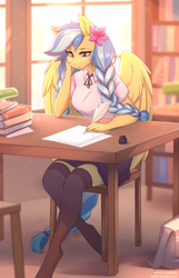 Size: 1934x3002 | Tagged: safe, artist:fensu-san, derpibooru import, oc, oc only, oc:jeppesen, anthro, pegasus, unguligrade anthro, anthro oc, bag, beautiful, black socks, book, bookshelf, bowtie, braid, braided tail, breasts, briefcase, chair, clothes, commission, crepuscular rays, cute, desk, female, flower, flower in hair, indoors, ink, inkwell, kneesocks, lamp, legs, library, lidded eyes, lined paper, long hair, long tail, mare, plaid skirt, pleated skirt, quill, quill pen, reasonably sized breasts, scenery, school bag, school uniform, schoolgirl, shirt, sitting, skirt, smiling, socks, solo, spread wings, stockings, studying, tail, thigh highs, twin braids, uniform, window, wing fluff, wings, writing, zettai ryouiki