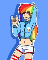 Size: 800x1000 | Tagged: safe, artist:woopwoop36red, derpibooru import, rainbow dash, human, clothes, female, humanized, simple background, smiling, solo