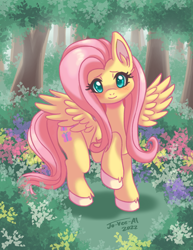 Size: 2550x3300 | Tagged: safe, artist:jo-vee-al, derpibooru import, fluttershy, pegasus, pony, blushing, forest, looking at you, raised hoof, raised leg, smiling, smiling at you, solo, spread wings, tree, wings