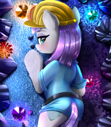 Size: 1772x2029 | Tagged: safe, artist:darksly, derpibooru import, maud pie, earth pony, pony, belt, blushing, body pillow, body pillow design, clothes, commission, cute, diamonds, dress, eyeshadow, female, gem, helmet, looking at you, makeup, mare, maudabetes, mine, solo