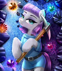 Size: 1772x2029 | Tagged: safe, artist:darksly, derpibooru import, maud pie, earth pony, pony, belt, blushing, body pillow, body pillow design, clothes, commission, cute, diamonds, dress, eyeshadow, female, gem, looking at you, makeup, mare, maudabetes, mine, pickaxe, solo