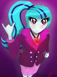 Size: 1280x1707 | Tagged: safe, artist:thedarktercio, derpibooru import, sonata dusk, equestria girls, cute, gem, looking at you, simple background, smiling, smiling at you, solo, sonatabetes