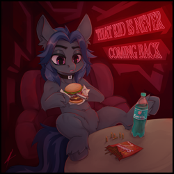 Size: 3050x3050 | Tagged: safe, artist:ivanmidnight, derpibooru import, oc, oc only, oc:mattriel, pony, birthday, bullet, burger, digital art, food, gun, hamburger, neon, solo, weapon