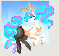 Size: 2048x1938 | Tagged: safe, artist:rirurirue, princess celestia, alicorn, pony, alternate hairstyle, bowtie, bunny ears, bunny suit, clothes, cuffs (clothes), female, horn, leotard, mare, pantyhose, playboy bunny, ponytail, pretty, profile, side view, smiling, solo, wings