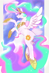 Size: 4049x6000 | Tagged: safe, artist:rirurirue, princess celestia, alicorn, pony, absurd resolution, crown, ethereal mane, ethereal tail, female, flying, hoof shoes, horn, jewelry, looking at you, looking back, looking back at you, mare, peytral, profile, regalia, side view, smiling, solo, spread wings, wings