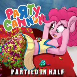 Size: 1900x1900 | Tagged: safe, artist:2fat2fly, pinkie pie, earth pony, pony, album cover, candy, clothes, dress, ear fluff, ears, female, food, mare, open mouth, solo, text