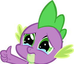 Size: 6485x5653 | Tagged: safe, spike, dragon, fang, meme, ponified, ponified meme, sad, simple background, solo, teary eyes, thumbs up, transparent background
