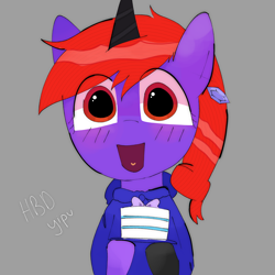 Size: 2048x2048 | Tagged: safe, artist:omelettepony, ponerpics import, oc, oc only, oc:naya vespers, birthday, birthday cake, birthday gift, blushing, bow, cake, different colored horn, ear piercing, earring, food, gem, gift art, gray background, jewelry, open mouth, open smile, piercing, simple background, smiling