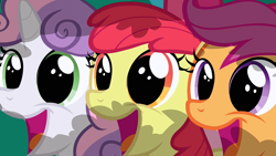 Size: 1280x720 | Tagged: safe, derpibooru import, screencap, apple bloom, scootaloo, sweetie belle, earth pony, pegasus, pony, unicorn, hearts and hooves day (episode), season 2, adorabloom, bush, close-up, cute, cutealoo, cutie mark crusaders, cutie mark cuties, diasweetes, dilated pupils, female, filly, foal, happy, smiling, trio, trio female