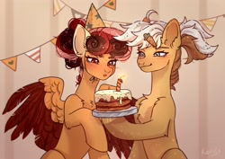 Size: 3800x2696 | Tagged: safe, artist:konejo, derpibooru import, oc, oc only, earth pony, pegasus, pony, cake, candle, chest fluff, food, freckles, hat, party hat