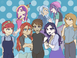 Size: 2048x1536 | Tagged: safe, artist:metaruscarlet, derpibooru import, pear butter, princess cadance, rarity, starlight glimmer, sunset shimmer, torque wrench, trixie, oc, oc:doodles, human, beanie, belt, bracelet, canon x oc, clothes, crown, dark skin, dress, female, hat, hoodie, hug, humanized, infidelity, jacket, jeans, jewelry, leather jacket, lesbian, open mouth, overalls, pants, polyamory, regalia, shirt, skirt, t-shirt, vest