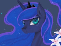 Size: 2224x1668 | Tagged: safe, artist:midna77, derpibooru import, princess luna, alicorn, pony, blue eyes, blue mane, colored pupils, constellation, crown, digital art, ethereal mane, female, flower, flowing mane, gray background, horn, jewelry, mare, regalia, signature, simple background, solo, starry mane