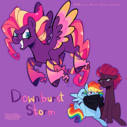 Size: 2048x2048 | Tagged: safe, artist:3ggmilky, derpibooru import, rainbow dash, tempest shadow, oc, oc:downburst storm, pegasus, pony, unicorn, magical lesbian spawn, offspring, parent:rainbow dash, parent:tempest shadow, parents:tempestdash, purple background, simple background