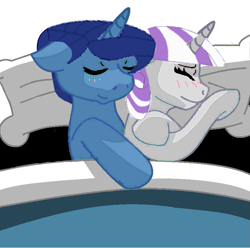 Size: 775x770 | Tagged: safe, artist:decokenite, artist:glittercrystal595, derpibooru import, night light, twilight velvet, velvet light, pony, unicorn, base used, bed, blanket, blushing, female, husband and wife, male, mare, married couple, parent, pillow, requested art, shipping, sleeping, stallion