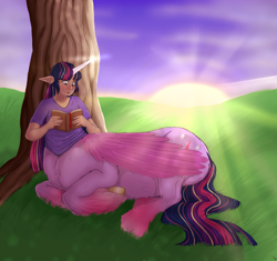 Size: 3000x2820 | Tagged: safe, artist:ponykittenboi, derpibooru exclusive, derpibooru import, twilight sparkle, centaur, human, taur, book, centaur twilight, centaurified, cloud, colored hooves, folded wings, freckles, grass, grass field, horn, horned humanization, human coloration, humanized, long tail, reading, sitting, sky, solo, species swap, sunrise, tail, tooth gap, tree, unshorn fetlocks, wings