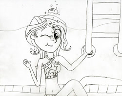 Size: 1024x810 | Tagged: safe, artist:736berkshire, derpibooru import, sunset shimmer, equestria girls, bikini, bikini top, bubble, clothes, female, solo, swimming pool, swimsuit, traditional art, underwater