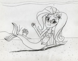 Size: 1280x1010 | Tagged: safe, artist:736berkshire, derpibooru import, fluttershy, mermaid, equestria girls, bikini, bikini top, bubble, clothes, female, mermaidized, solo, species swap, swimsuit, traditional art, underwater